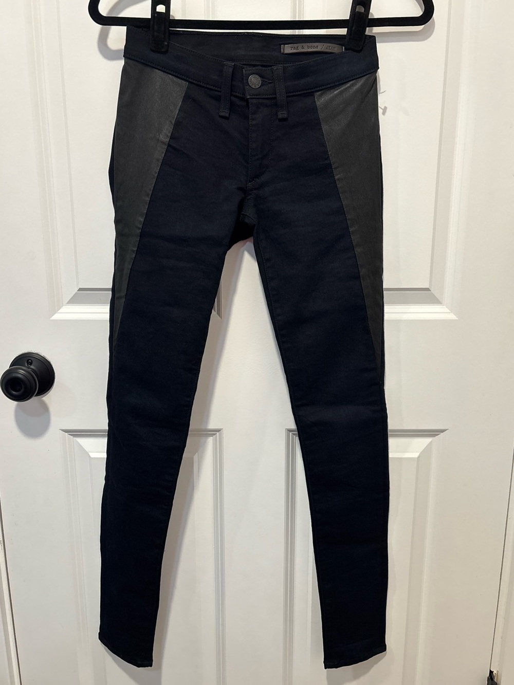 rag & bone Black Leather Panel Skinny Jeans Made USA Size 24